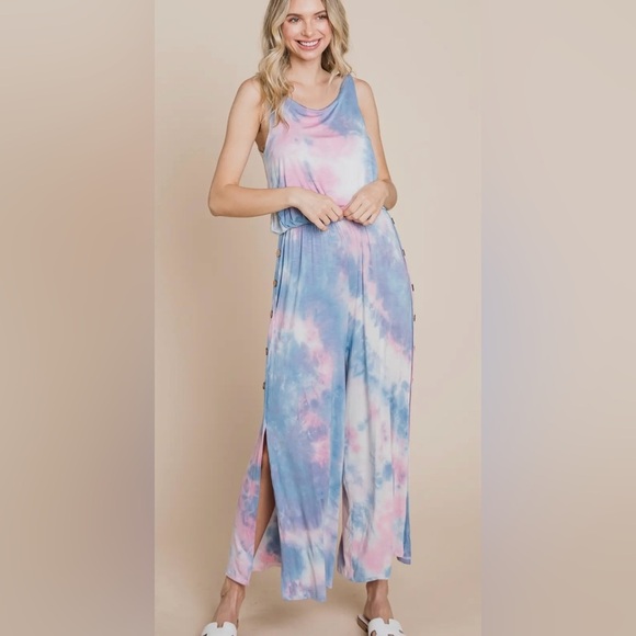 New!Plus Size Tie-Dye Button Side Detail Split Hem Jumpsuit Size 1X 2X 3X - Picture 1 of 8